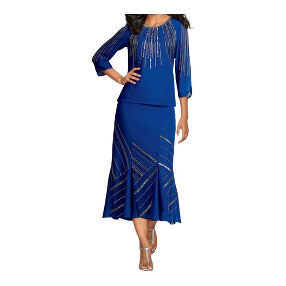 Midnight Velvet Beaded Cobalt Cocktail Formal Dinner Party Midi Skirt Set Suit - Picture 1 of 16